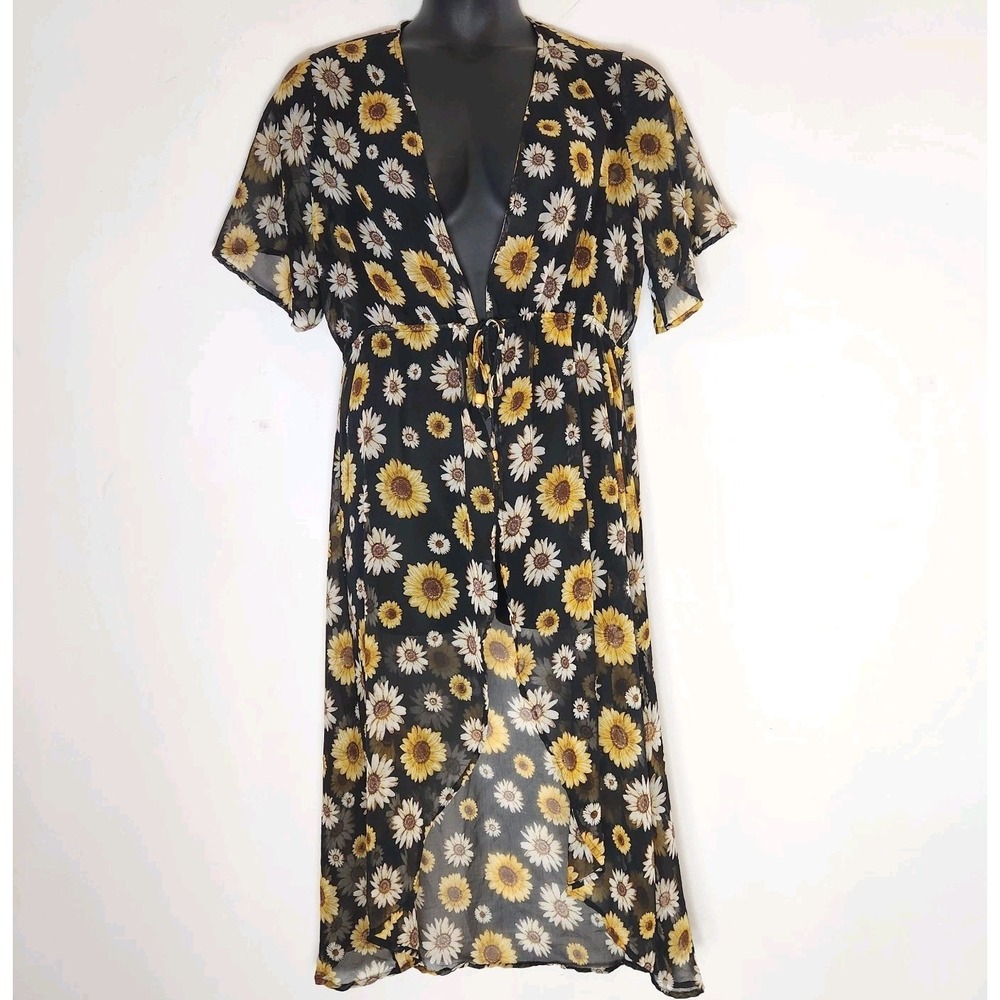 Boho Sunflower Sheer Kimono Duster Cardigan XL Black Floral Cottagecore Maxi